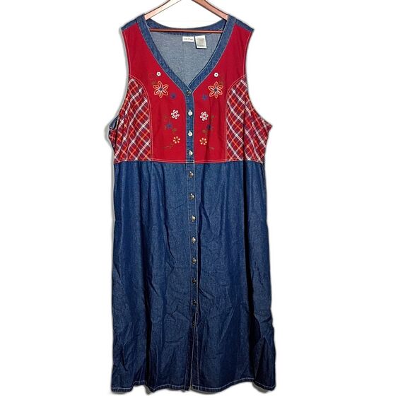 Bobbie Brooks Button Up Dress Chambray Denim Plaid Embroidered Flowers 26W/28W - Picture 1 of 8